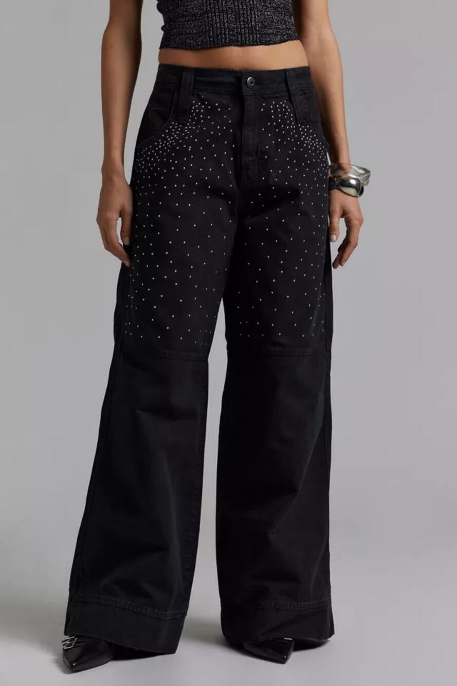 NWT Silence + Noise x Urban Outfitters Montana Crystal Embellished Jeans 2 Black